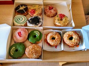 Donut and bagel variety at Bite Me Cafe in Madrid
