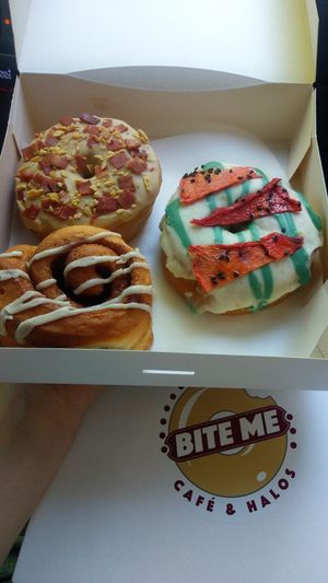 Miso caramel bacon, Watermelon lime and cinnamon roll at Bite Me Cafe in Madrid