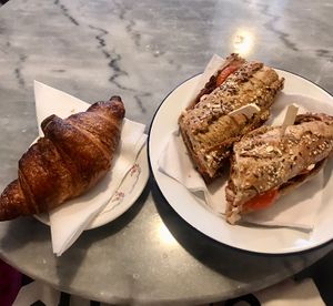 Vegan croissant and bbq jackfruit sandwich  at De Laatste Kruimel - Langebrugsteeg in Amsterdam
