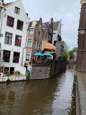 Terrace with turquoise umbrellas is theirs  at De Laatste Kruimel - Langebrugsteeg in Amsterdam