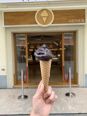 From the outside, vegan chocolate ice cream  at Arthur Ice Cream in Bratislava