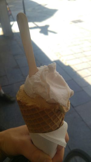 Pistacia on the bottom, cappucino and lichi.all vegan! at Arthur Ice Cream in Bratislava