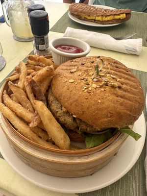 Vegan burger with fries and vegan thousand island!  at Garden Fresh Cafe in Palm Beach