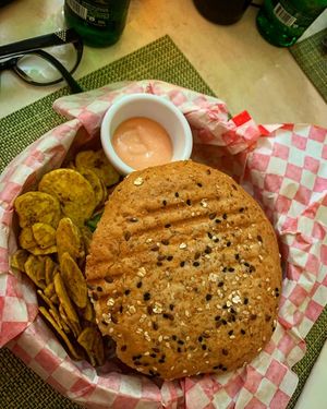 Vegan burger with plantain chips at Garden Fresh Cafe in Palm Beach