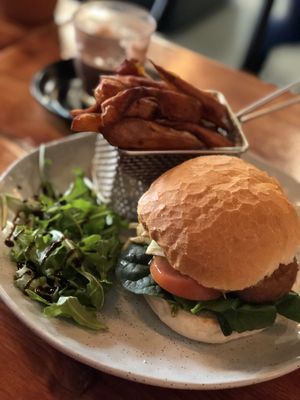 Mushroom pesto burger and hand cut sweet potato chips at 108 Paradise Cafe - Maybe closed in North Sydney