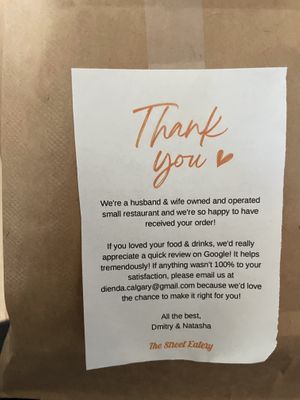 Sweet note attached to my Uber eats  at The Street Eatery in Calgary
