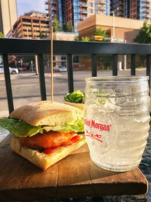 Beyond Burger & ginger beer on patio at The Street Eatery in Calgary