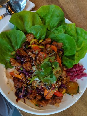 Vegan Gochujang Lettuce Wraps with Popcorn Seitan at The Street Eatery in Calgary