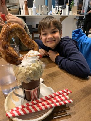 One very happy boy! With a Vegan milkshake!!! at The Street Eatery in Calgary