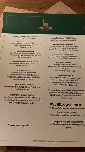 Menu - Bavarian style, with four veg. meals  at Giesinger Bräu in Munich