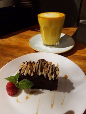 Mocha brownie and turmeric latte  at Simply Vegan in South West London