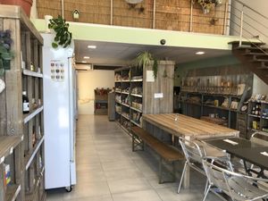 View of shop area and the seating for the cafe    at Terre Vegane in Rixheim