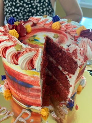 Red Velvet birthday cake was awesome! at Bananarama Bakery in Pahoa