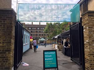 the market entrance at Broadway Vegan Market in East London