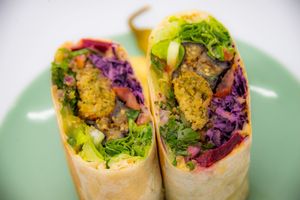 Falafel Master Wrap : Falafel, tabouli, rocket, ginger sesame coleslaw, beets, char roaster baby aubergine, greens, hummus, tahini sauce, chilli sauce, love at Master Foody Moody's in Margate