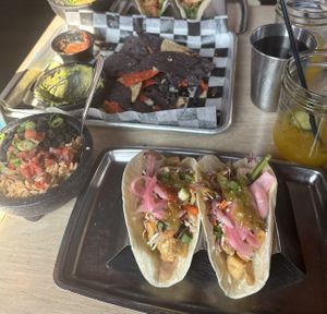 Crispy tofu tacos, beans and rice  at Diego's in Newport