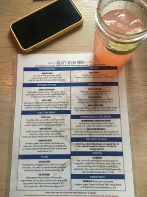Vegan menu at Diego’s at Diego's in Newport