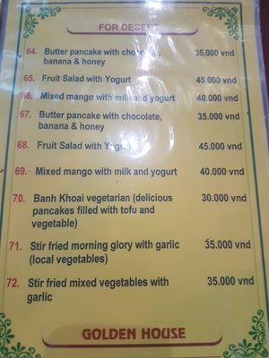 Veg menu at Thien Phu Hostel in Phong Nha