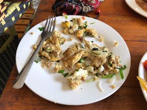 All the egg we had to pick out from our tofu spring rolls that had no tofu in them at Thien Phu Hostel in Phong Nha