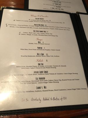 Menu wraps pancakes and soup  at LuAnne's Wild Ginger - Franklin in Brooklyn