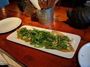 Scallion pancakes with avocado and arugula (B) at LuAnne's Wild Ginger - Franklin in Brooklyn