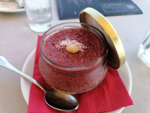 Raspberry 'raw cake' in a jar at Caffe Teater in Piran