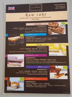 Raw cake menu at Caffe Teater in Piran