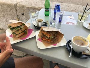 Vegan toasted sandwich with garlicky spread and sprouts. at Caffe Teater in Piran