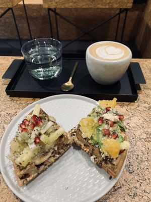 Vegan waffles, one savory and one sweet, with cappuccino at VanFruct Campineanu in Bucharest