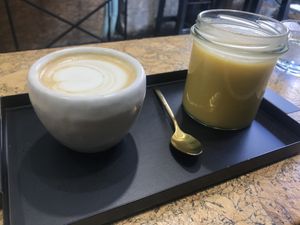 Soy cappuccino and fresh fruit juice  at VanFruct Campineanu in Bucharest