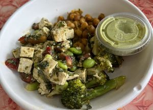 Three bowl: Lemon garlic broccoli, chilled caprese tofu, golden spice chickpeas and holy kale sauce  #Veganuary at Fresh Kitchen in Bradenton