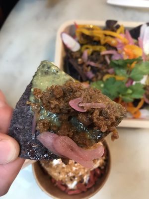 Impossible meat on the nachos at Taco Dumbo - Penn Plaza in New York City