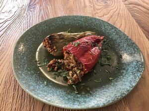 Stuffed peppers with sunflower seeds and celery at Cafe Parallel 43 in Sofia
