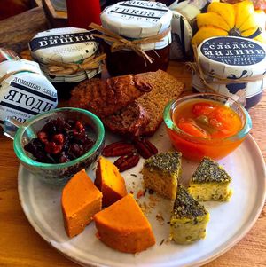 Tree Nut Cheeses, Home-made jam & artisanal bread at Cafe Parallel 43 in Sofia