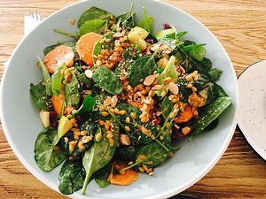spelled. roasted beets. baby spinach. carrots. smoked almonds. mandarin dressing   at Cafe Parallel 43 in Sofia