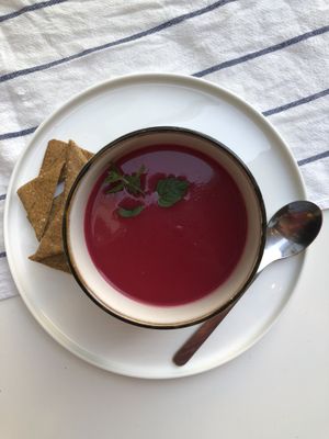 beetroot potato soup + 7 seed crackers  at Cafe Parallel 43 in Sofia