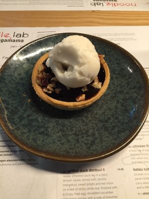 Chocolate and peanut butter tart with coconut ice cream - vegan at Noodle Lab in London