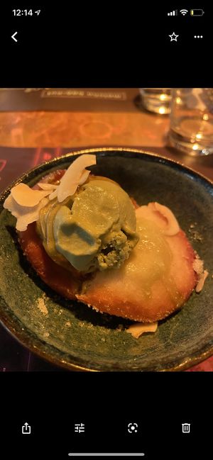 Fried sweet bun with matcha ice cream and coconut flakes at Noodle Lab in London