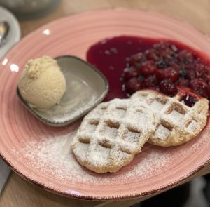 Brüsseler Waffel with vanilla ice cream and cherries - Café Alter Markt, Euskirchen  at Cafe Alter Markt in Euskirchen