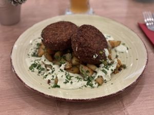 Lentil patties with roasted potatoes and wasabi sauce - Café Alter Markt, Euskirchen  at Cafe Alter Markt in Euskirchen