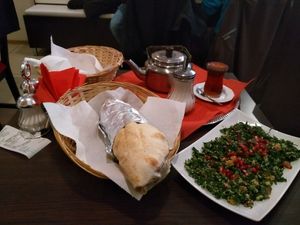 Tabbouleh + wrap + tea at Niedaleko Damaszku in Warsaw