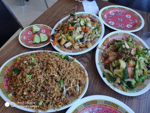 Rice, noodles and vegetables plates at Jeon San in La Paz