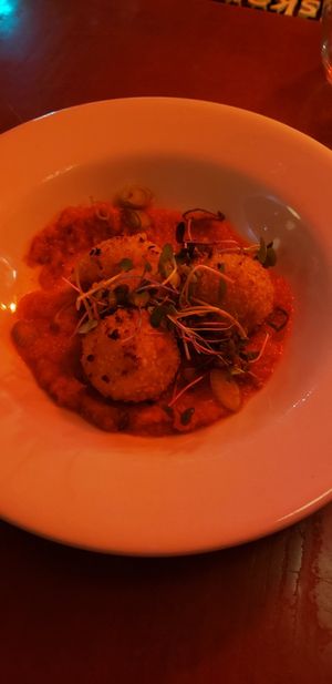 Rice Ball and kimchee cream with mushrooms at Strange Town in Milwaukee