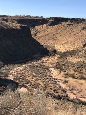The view from our table. The Virgin River as it winds through the canyon. at River Rock Roasting Company in La Verkin