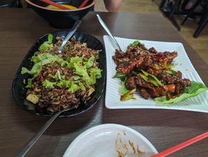 Brown fried rice and monkey mushrooms at Yi Xin Vegetarian 一心素食 in Central Singapore