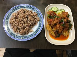 Fake fish with brown rice at Yi Xin Vegetarian 一心素食 in Central Singapore