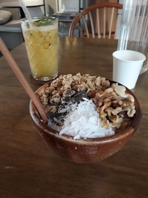 Cocoa smoothie bowl and fresh pressed lovers juice. at Pitaya by Juice Code in Penang