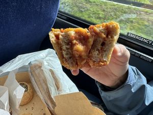 Vegan pizza bun (so gooey & delicious!)  at The Gluten Free Epicurean in Vancouver