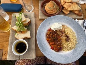 Med Biome restaurant - tagine, hummus with flatbread and crusty bread with balsamic vinegar   at Eden Project in St Austell