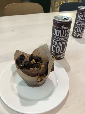 Chocolate orange muffin from cafe near main entrance  at Eden Project in St Austell